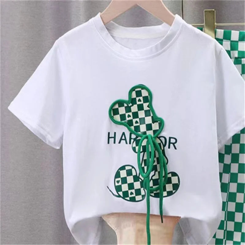Girls Fashion Clothing Sets Summer New Kids Short Sleeve Suits Print T-Shirts+Pants 2Pcs Children Sweet Outfits 2-10 Years