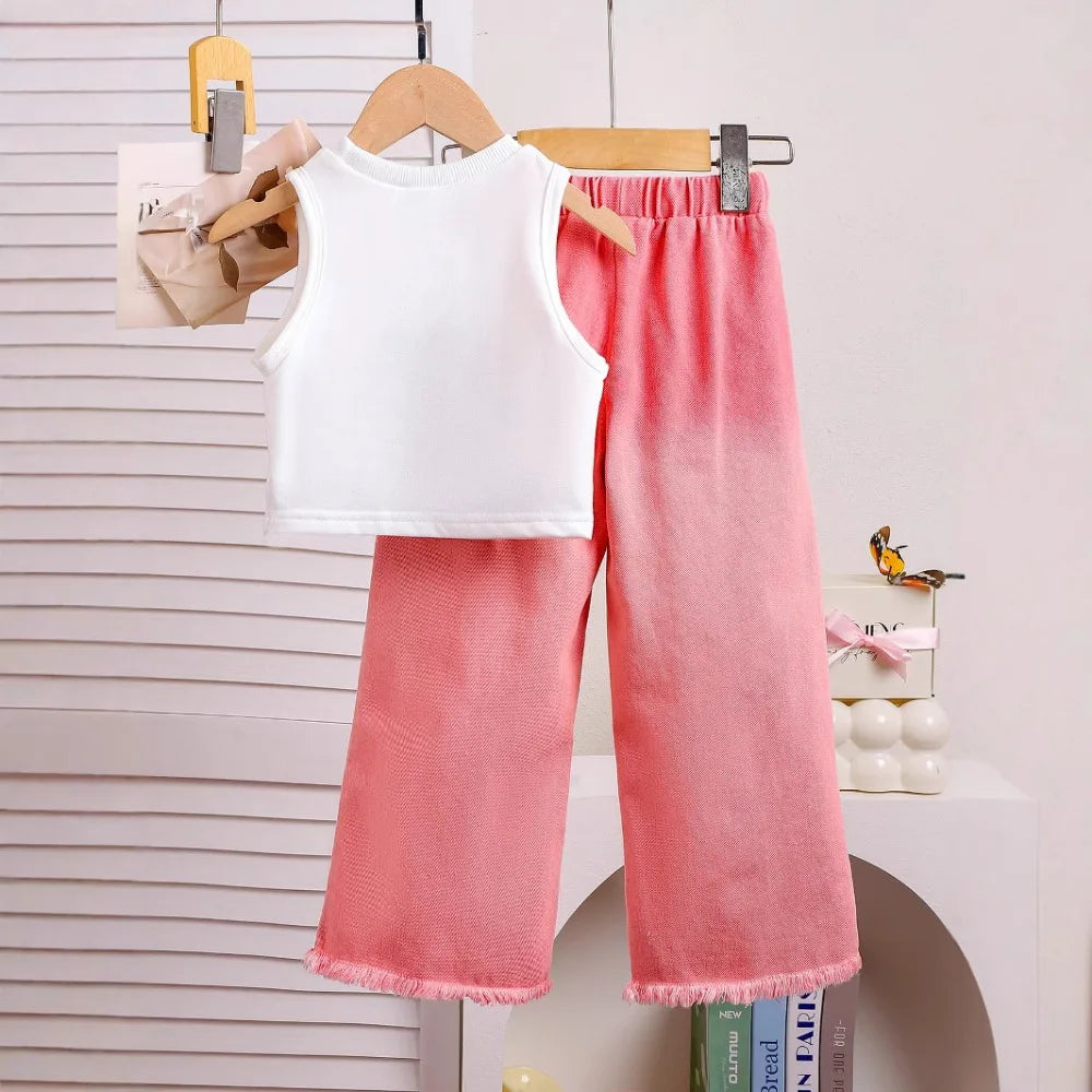 Bear Leader 2025 Summer 4-6 Year Old Streetwear Girls' Sets Sleeveless Butterfly Vest+Pink Cowboy Piercing Patch Pants 2-Pcs Set