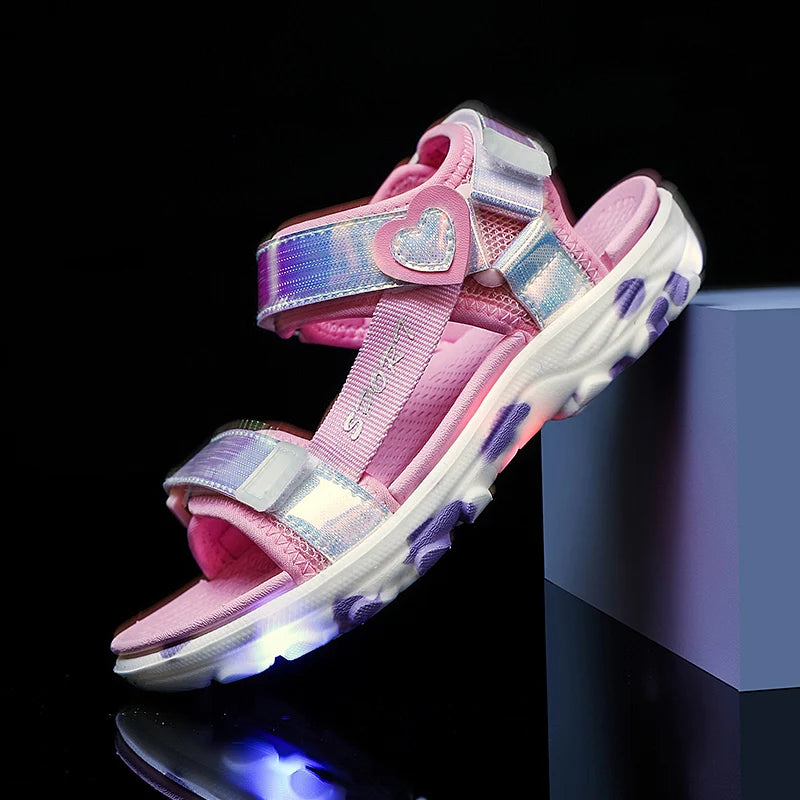Girls' LED Sandals Children's Toddler Sports Beach Blue Pink Girls' Soft Shining Shoes Outdoor Soft Anti-Slip Princess LED Shoe