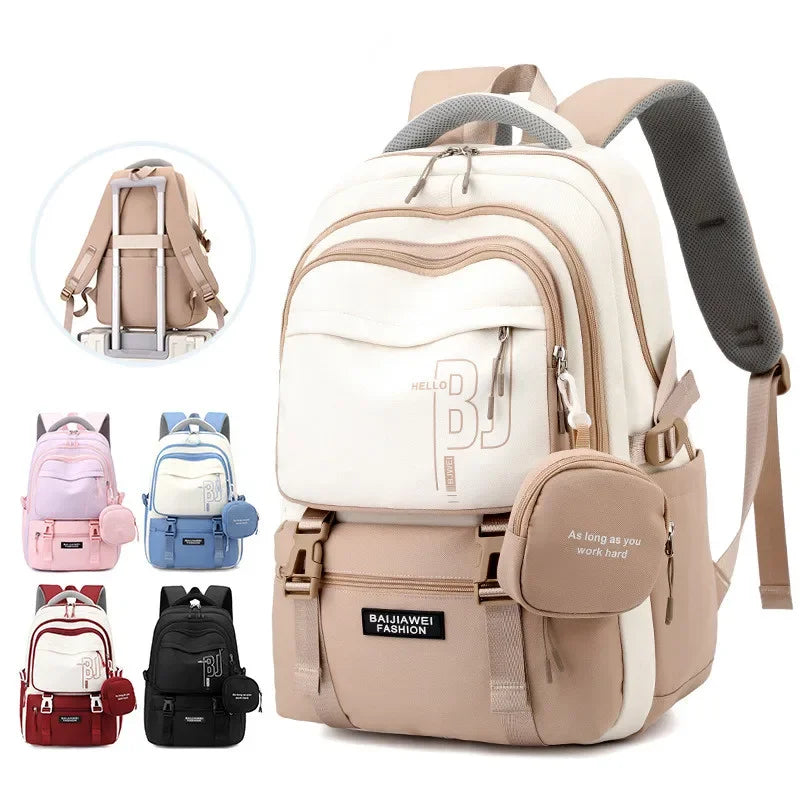 Macaron Color-Block Girls' School Backpack – Premium Large-Capacity Bag with Rainbow Zipper for Kids and Teen Students