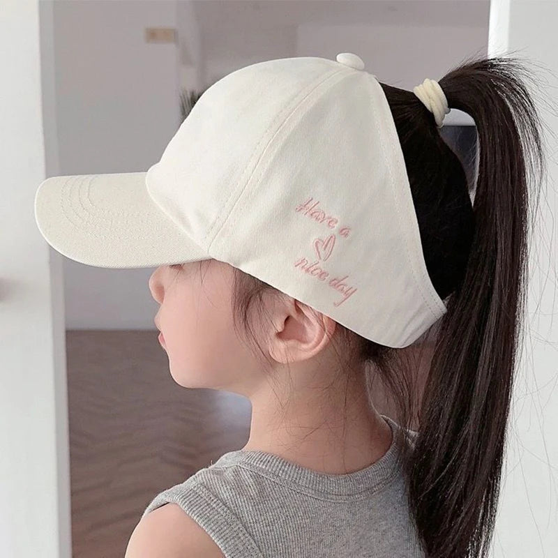 Embroidery Heart Kids Empty Top Hats Korean Girl Summer Sunshade Ponytail Baseball Caps Solid Color Outdoor Children Sun Hats