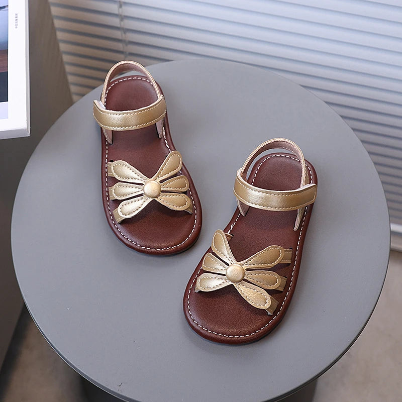 Toddler Girl's Sandals Hollow-out Solid Color Flower Pu Leather Kids Sliders Open Toe Light Sweet Hook-loop Summer Children Shoe