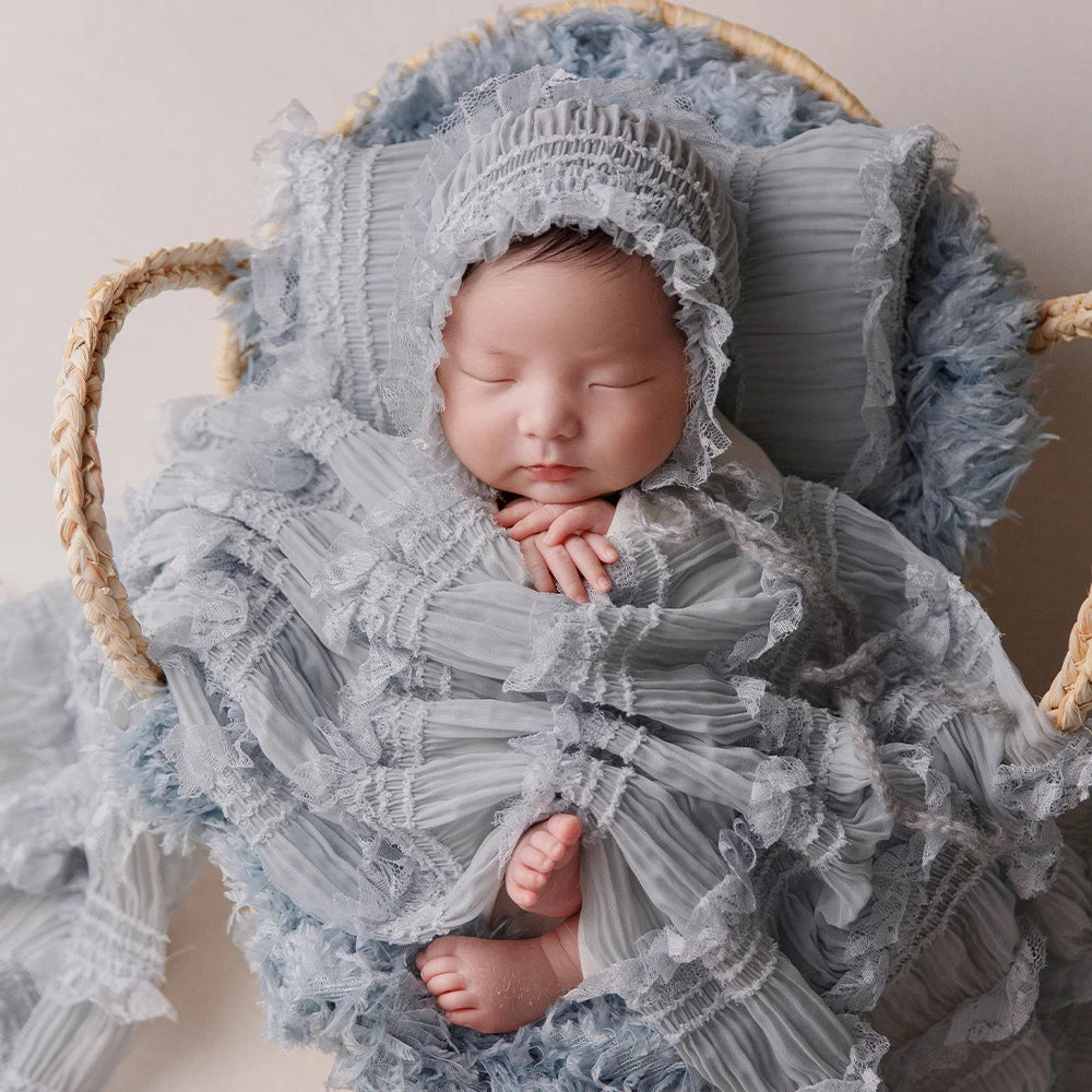 Newborn Wrap Photography White Cotton Stretch Wrapping Lace Hat Pillow Feather Mat Photo Props Artificial Flower Decoration Prop