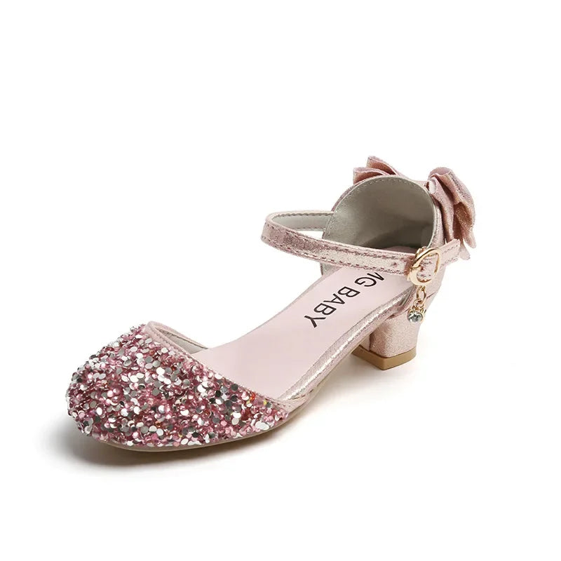 Girl Leather Shoe 2024 New Fashion Princess Shoe Crystal High Heels Student Performance Dance Shoe Sweet Kids Shoes Zapatos Niña