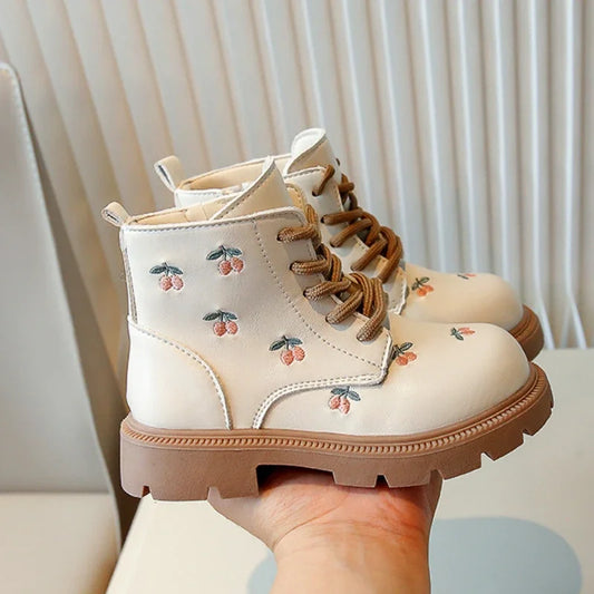 Girls' Fashion Ankle Boots – Embroidered Leather Spring/Autumn Boots for Kids, Casual and Versatile Princess-Style Footwear