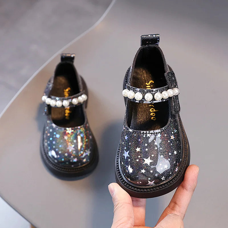 Girl Princess Shoes Spring and Autumn New Pearl Rhinester Girl Black Leather Shoes Show Shoes Kids Single Shoes Glass Slippers