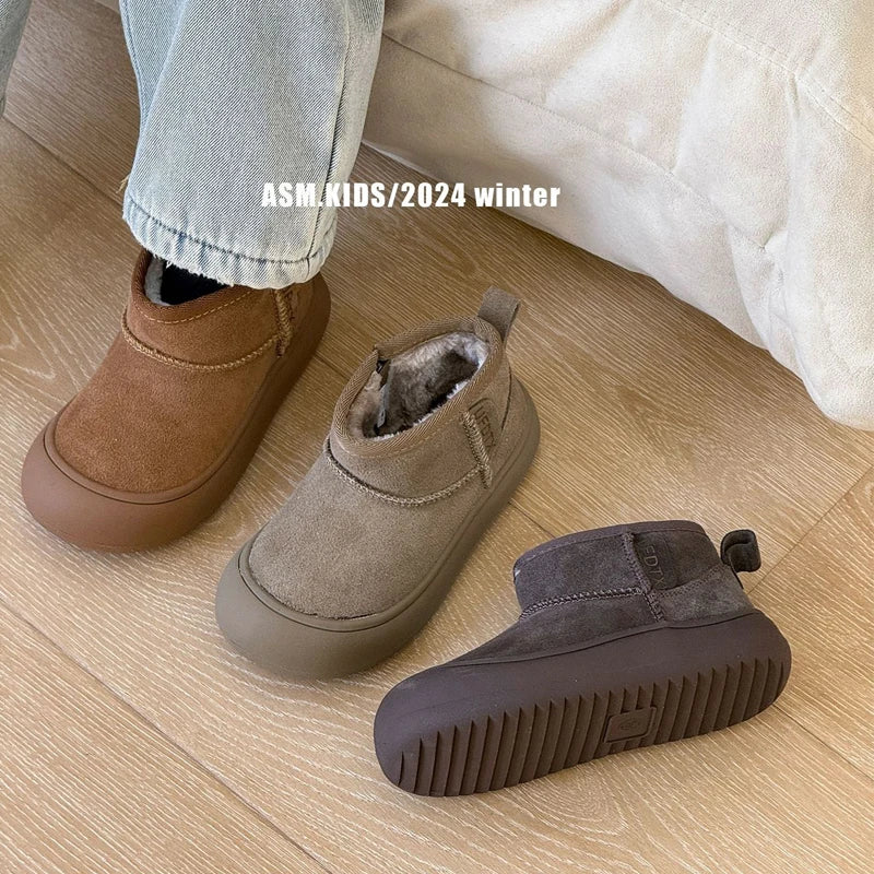 Children Cute Low-top Snow Boots Winter Kids Quality Genuine Leather Short Boots Boys Girls Side Zip Design Round Toe Boots