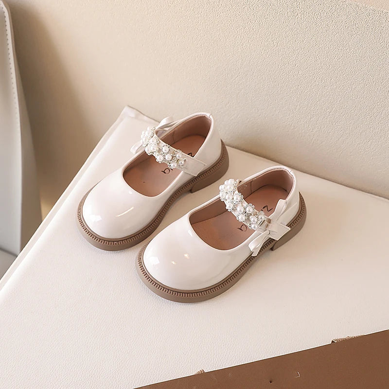NEW Kids Shoes Princess Girls School Shoe Beige Black Children Leather Party Dress Flat Little Girl Shoes Casual