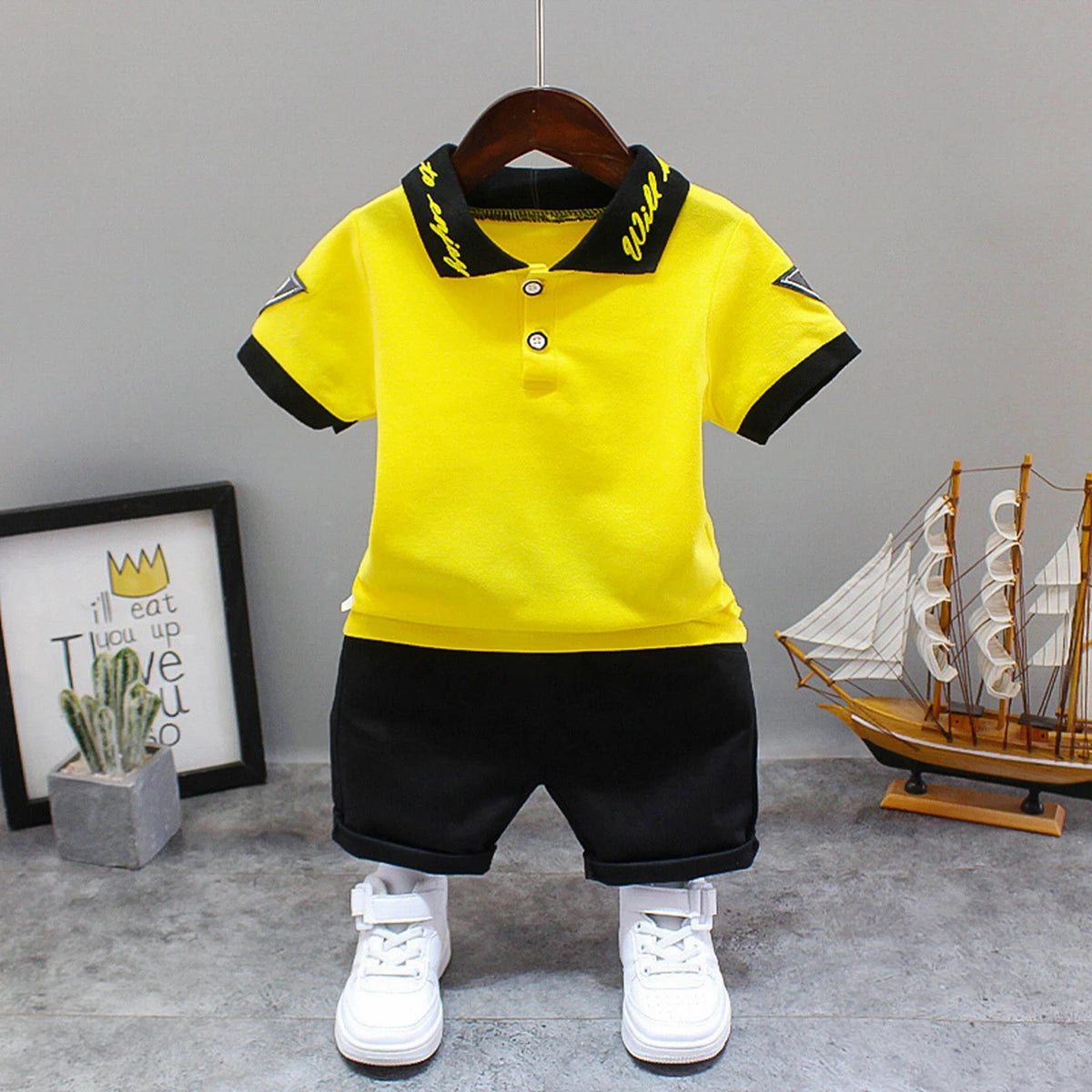Summer Children Clothes Baby Boys Clothes Set Dinosaur Printed Turn-down Collar T-Shirts Tops+ Shorts 2PCS/Suit Infant Clothing