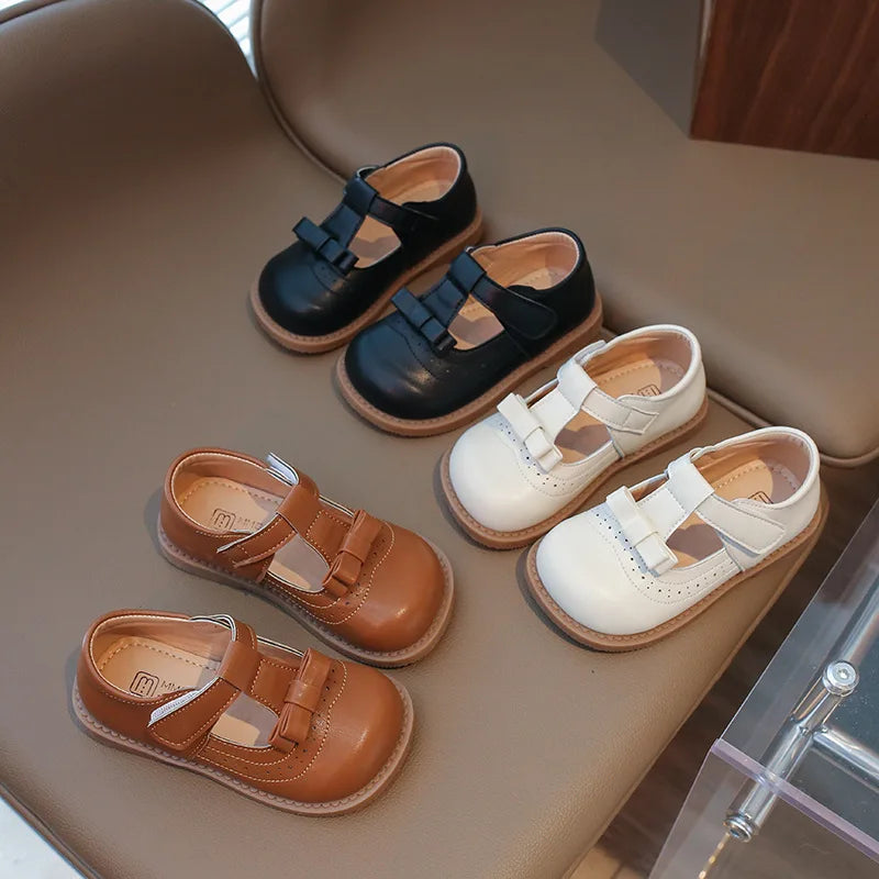 Girl's Bow Princess Shoes Leather Shoes 2025 Spring New Fashion Soft Sole Children's Single Shoes Soft Sole T-strap Kids Shoes