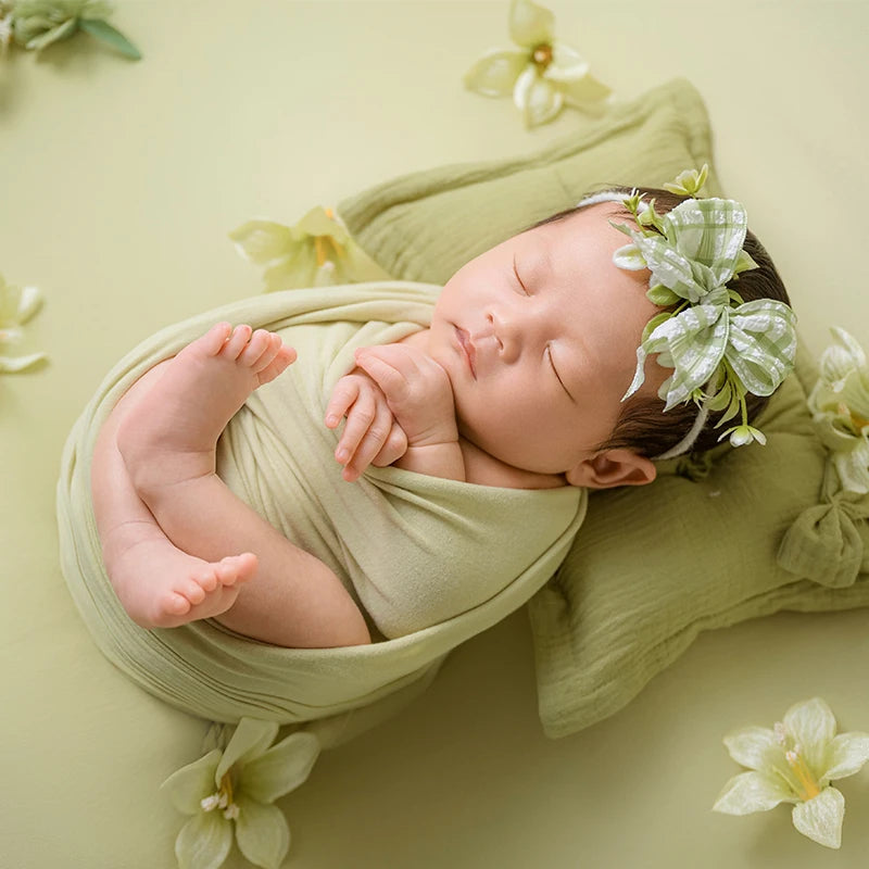 Newborn Baby Photography Props Infant Photoshoot Elastic Wrap Cloth Adjustable Bow Headflower Green Theme Baby Photo Accessories