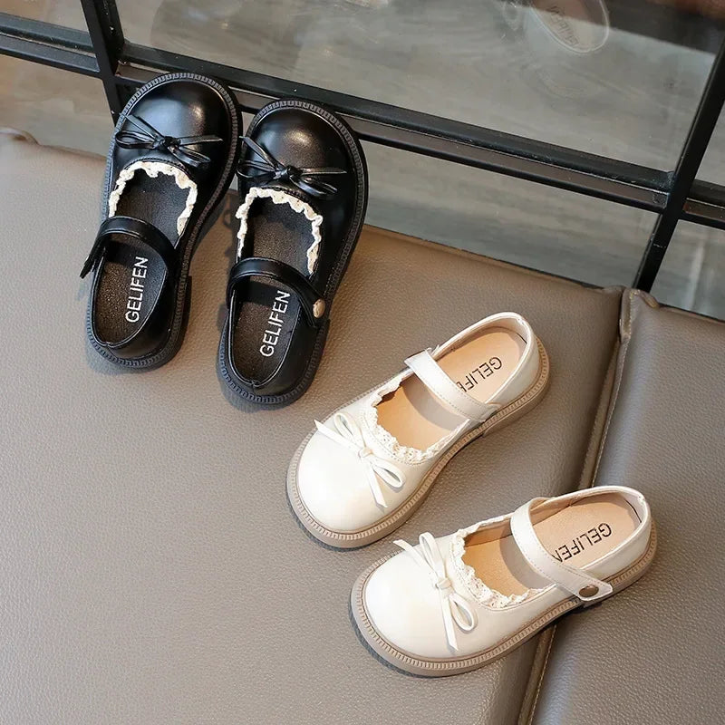 New Girls Princess Leather Shoes Black Lolita Children's Flats Sweet Chic Lace Kids Causal Shoes School Soft Bottom Versatile