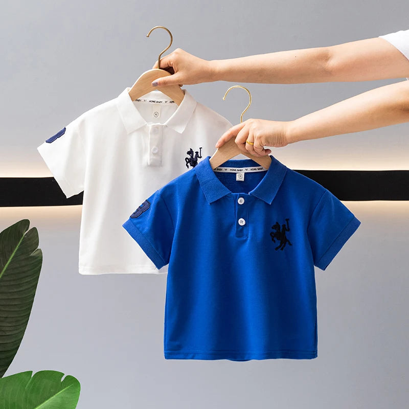 Summer Boys 2024 Casual Embroidery Horse Button Pullover Short sleeved T-shirt Polo Shirt Children's Clothing 1-7Y