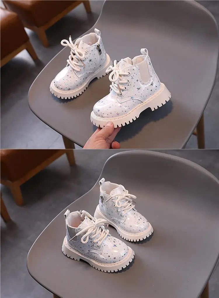 New Children Martine Boots Non-slip Soft Sole Walking Shoes PU Leather Sparkle Boots Lace Up Side Zipper Pure Color Casual Shoes