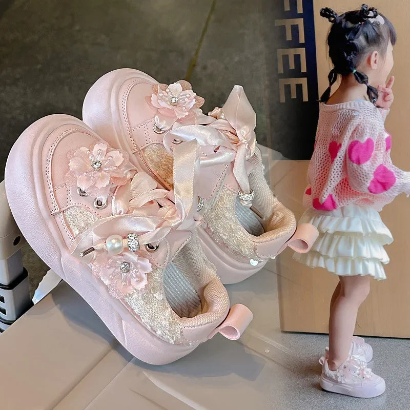Girls Casual Shoes Chinese Style Kids Princess Shoes with Sweet Flowers 2024 Autumn New Girls Sports Shoes with Cute Ribbon Bow