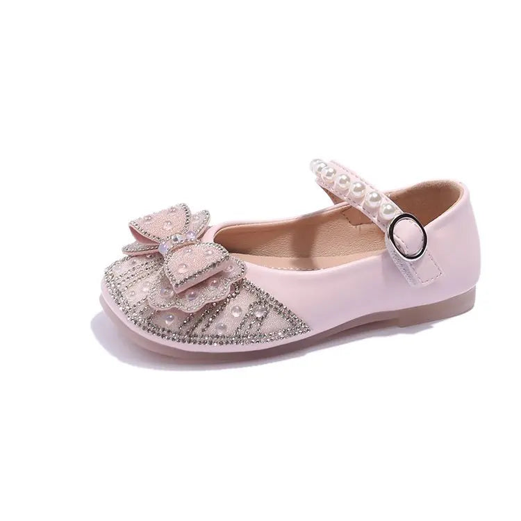 New Girl Sandals Cute Bow Pearl Sequins Kid Princess Shoes Flat Heels children Dancing Size 21-36
