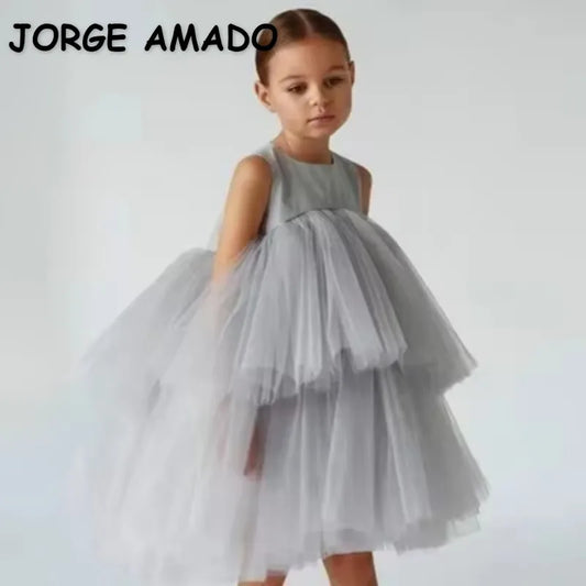 Kids Girls Formal Dresses Birthday Party Dress Sleeveless O-neck Cake Layered Princess Dress Children Clothes E0702