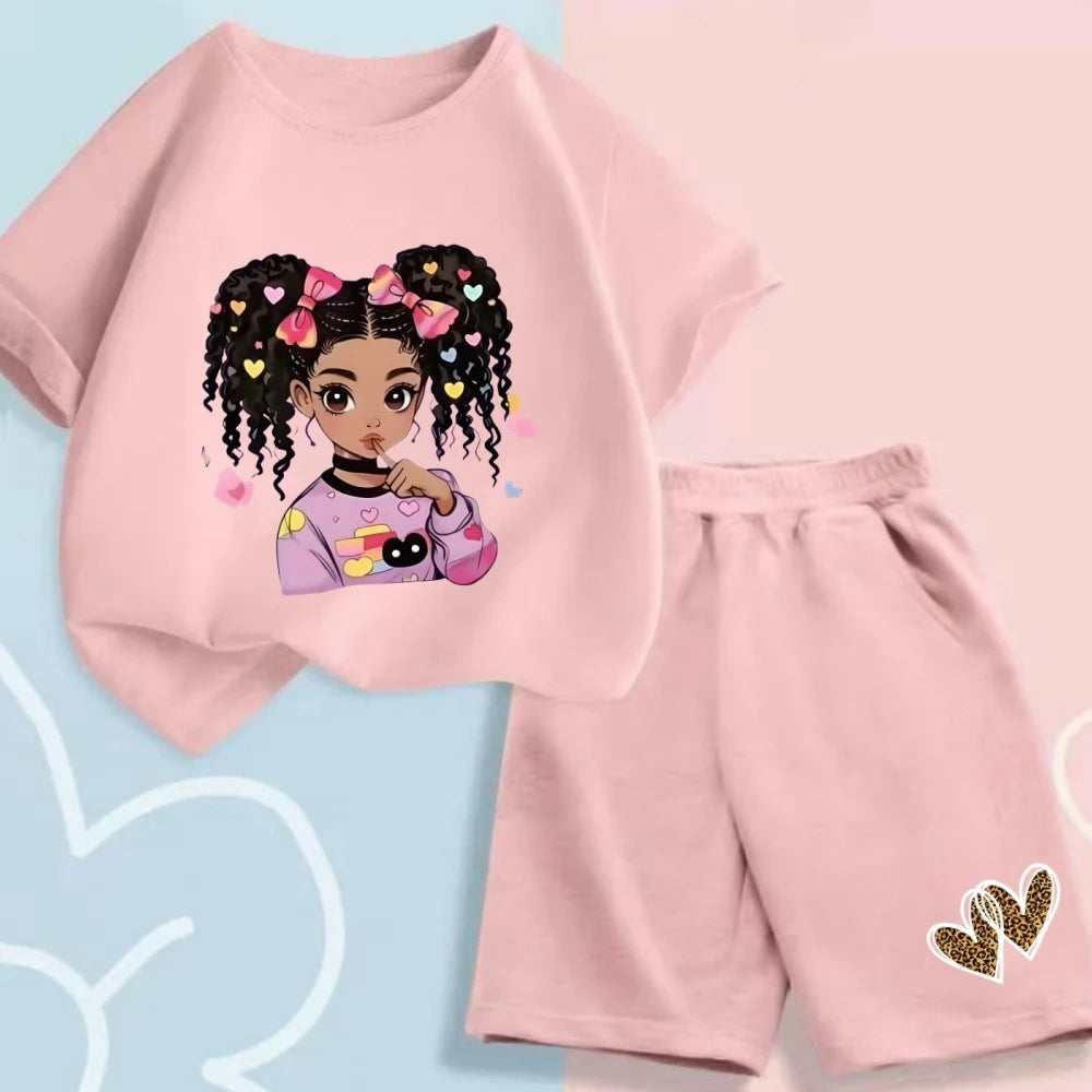 Summer Baby Girls' Clothing Set – 2-Piece Cartoon Print Short-Sleeve T-Shirt and Shorts Outfit for Kids