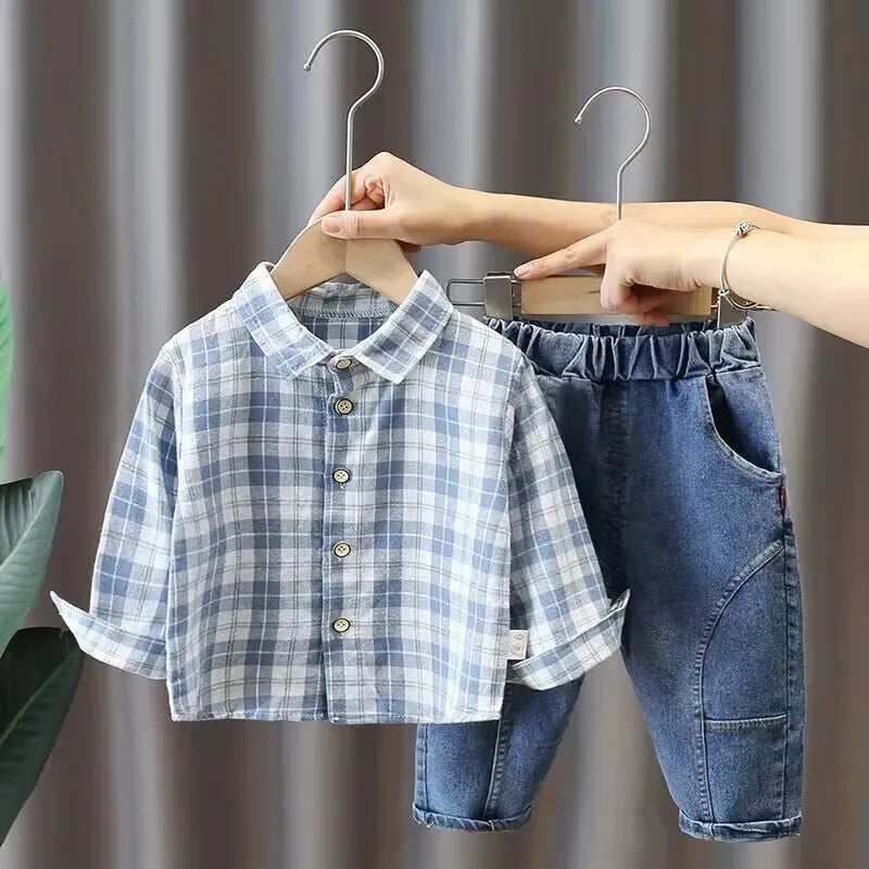 Boys' Baby Autumn Suit 2024 New Children's Fashionable Clothes Spring and Autumn Vest Shirt Jeans 3 Piece Set