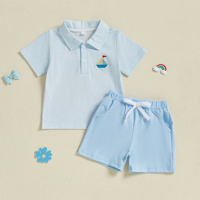 Boys Summer Outfit Sets with Short Sleeve Lapel Sailboat Embroidery Tops and Solid Color Shorts - Stylish and Comfortable