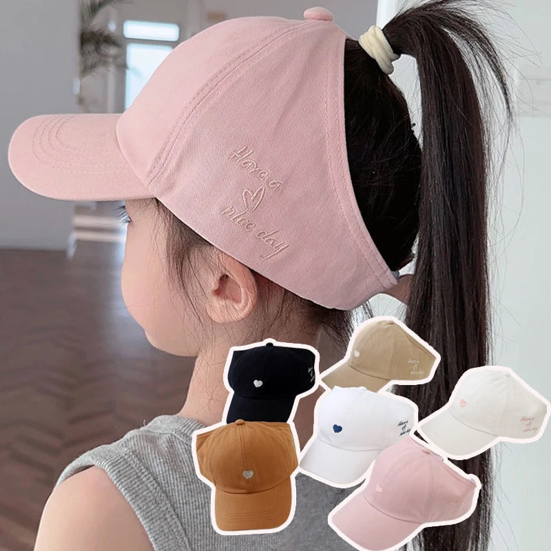 Embroidery Heart Kids Empty Top Hats Korean Girl Summer Sunshade Ponytail Baseball Caps Solid Color Outdoor Children Sun Hats