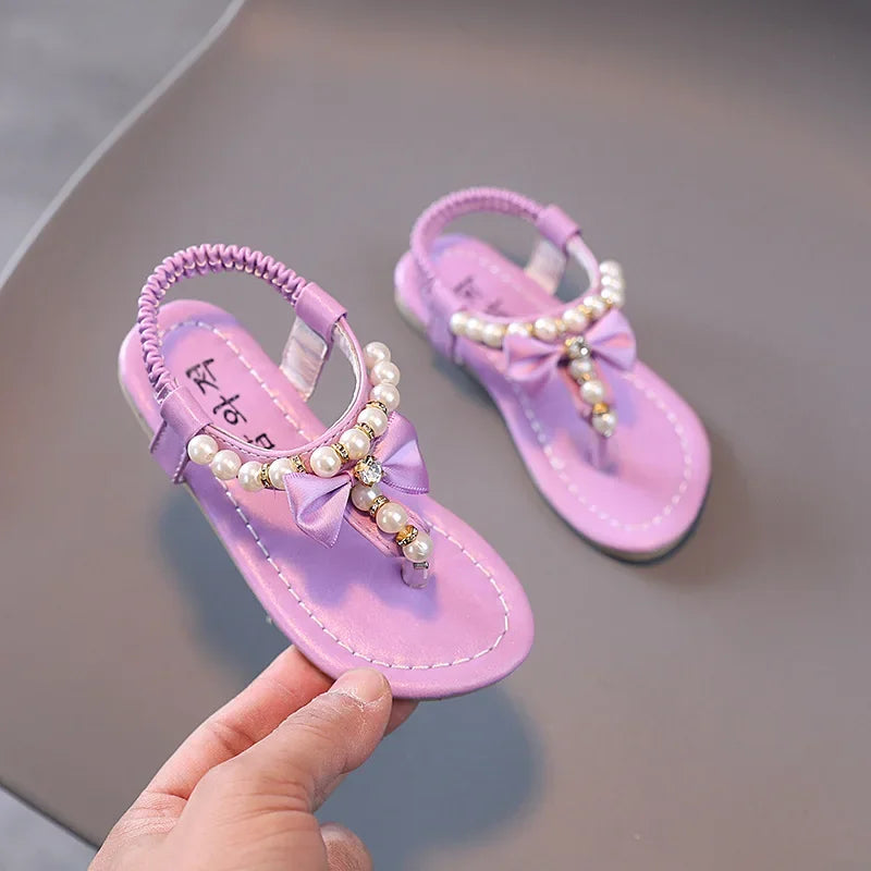 Sweet and Cute Bohemia Girls Sandals with Bow-tie 2024 Summer Children Roman Sandals Beading Flip Flops Beach Shoes Girl F02242