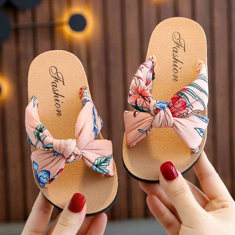 Child Slippers Summer Girl Shoes Printed Wave Point Dot Bow Sandals Lndoor Exposed toe Soft Bottom Casual Slippers Kid Sandals