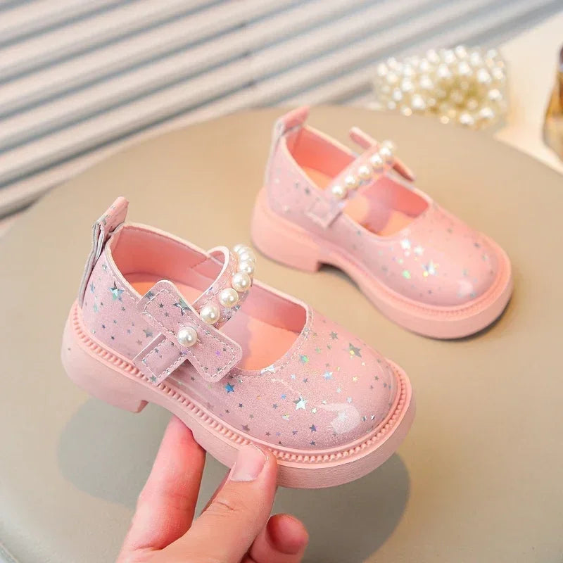 Bling All Over Stars Fashion Leather Shoes for Kids Girls Beading Black Pink White Rubber Children School Dress Shoes New I01163