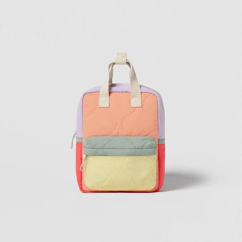 New Children's Casual Fashion Bag Boys and Girls Canvas Two-shoulder Bags Baby Color Matching Quilted Backpack School Bags