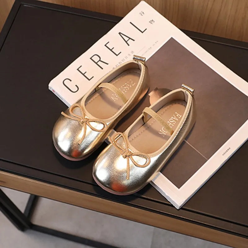 Girl's Flat Shoes Gold Silve Red Bowknot Leather Shoes Kids Soft bottom Princess Single Shoes for Children Toddler shoes 2-11T