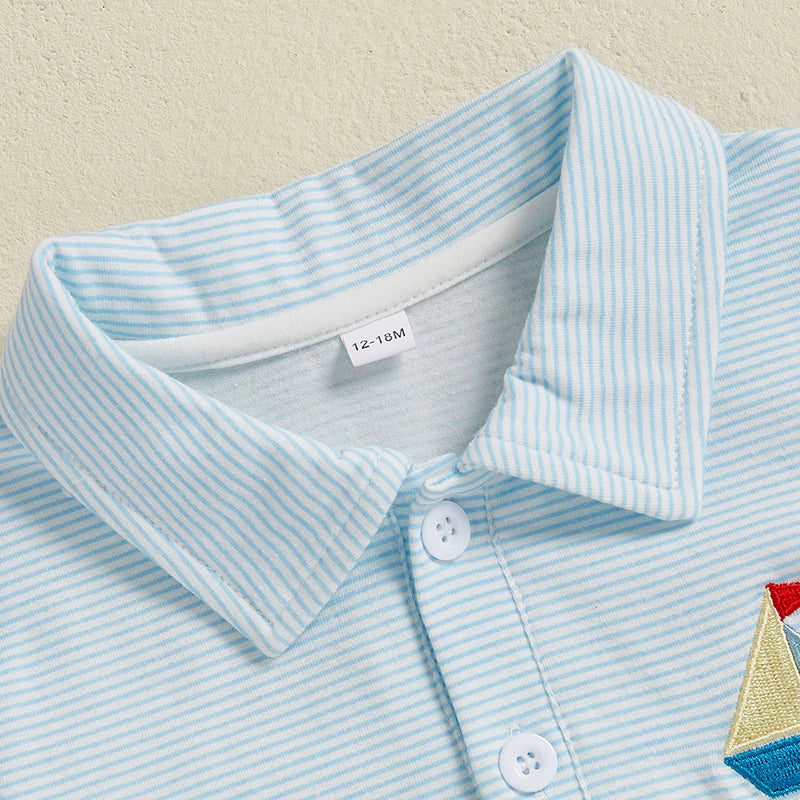 Boys Summer Outfit Sets with Short Sleeve Lapel Sailboat Embroidery Tops and Solid Color Shorts - Stylish and Comfortable