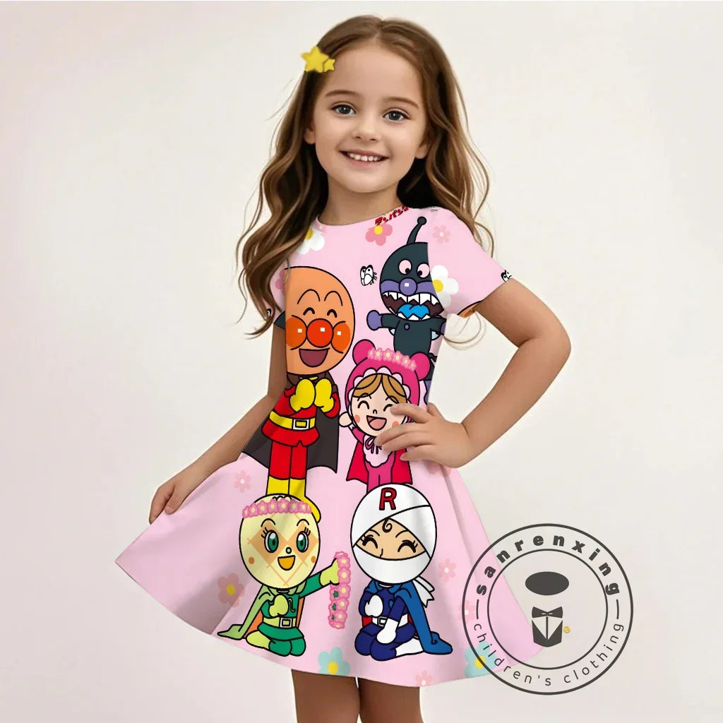 Summer Girls Cartoon Anpanman Printed Dress Kids Fashion One-piece Dress Girls Daily Casual Short Sleeve Clothing Outfit