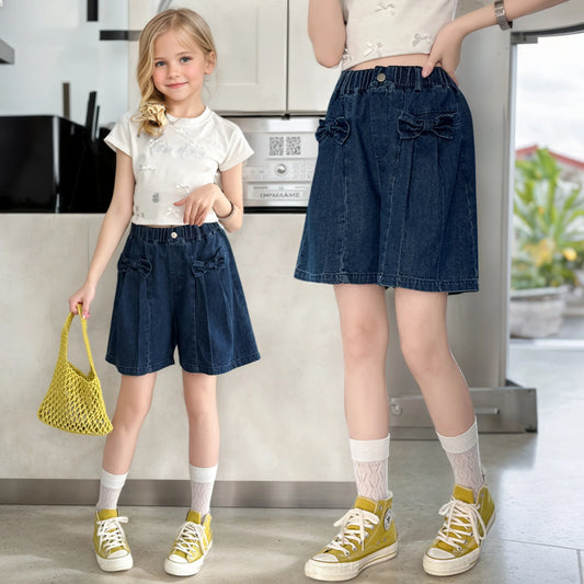 Girls' summer versatile Hanjing color bow shorts 2025 new summer thin fashion jeans casual sports shorts 5-15 years old