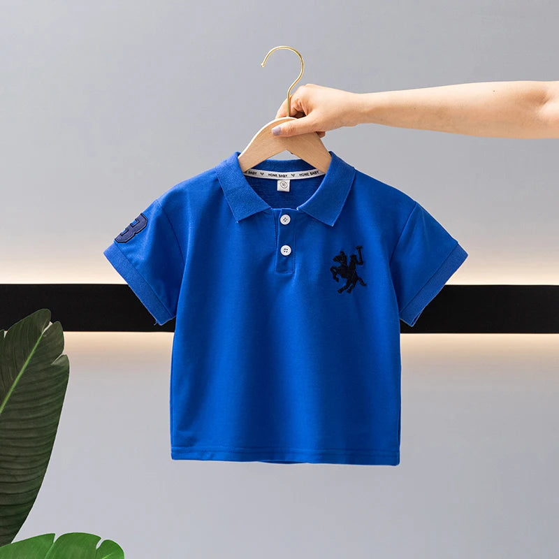 Summer Boys 2024 Casual Embroidery Horse Button Pullover Short sleeved T-shirt Polo Shirt Children's Clothing 1-7Y