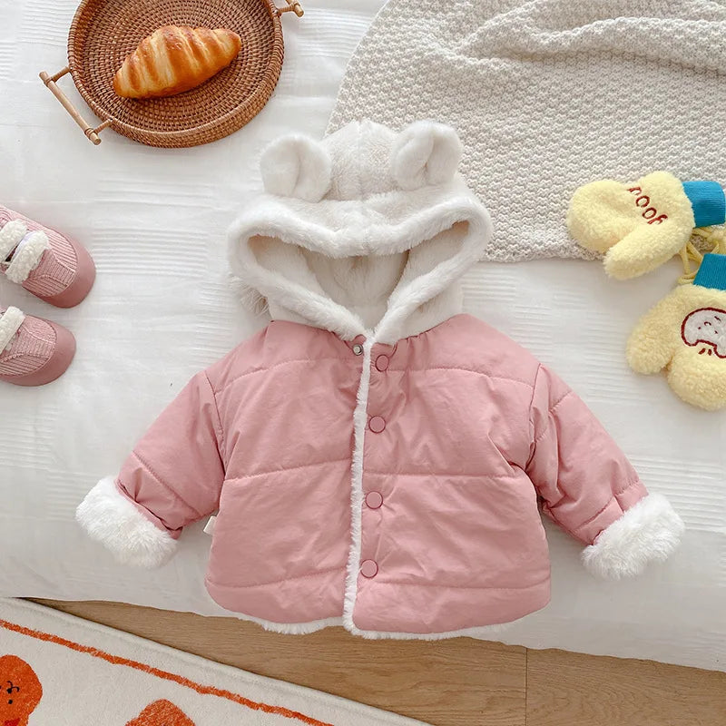 Cute Children's Winter Jacket Fur Lining, 0-5 Years Old, Girls Boys Hoodies Coats, Korean Style, Kids Baby Thick Warm Outwear