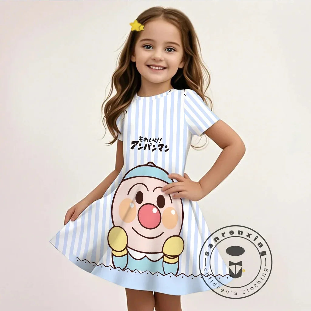 Summer Girls Cartoon Anpanman Printed Dress Kids Fashion One-piece Dress Girls Daily Casual Short Sleeve Clothing Outfit
