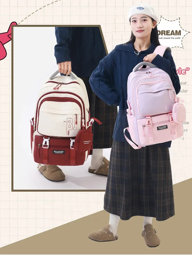 Macaron Color-Block Girls' School Backpack – Premium Large-Capacity Bag with Rainbow Zipper for Kids and Teen Students