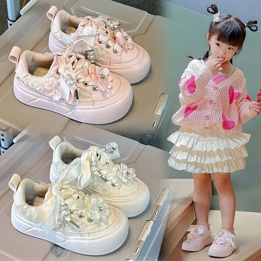 Girls Casual Shoes Chinese Style Kids Princess Shoes with Sweet Flowers 2024 Autumn New Girls Sports Shoes with Cute Ribbon Bow