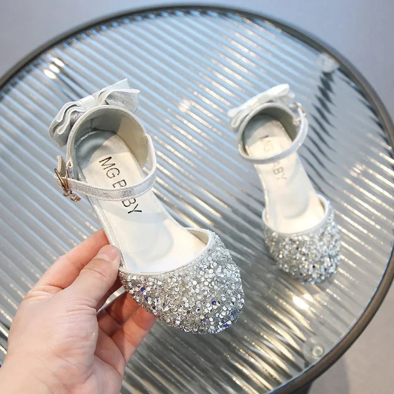 Girl Leather Shoe 2024 New Fashion Princess Shoe Crystal High Heels Student Performance Dance Shoe Sweet Kids Shoes Zapatos Niña
