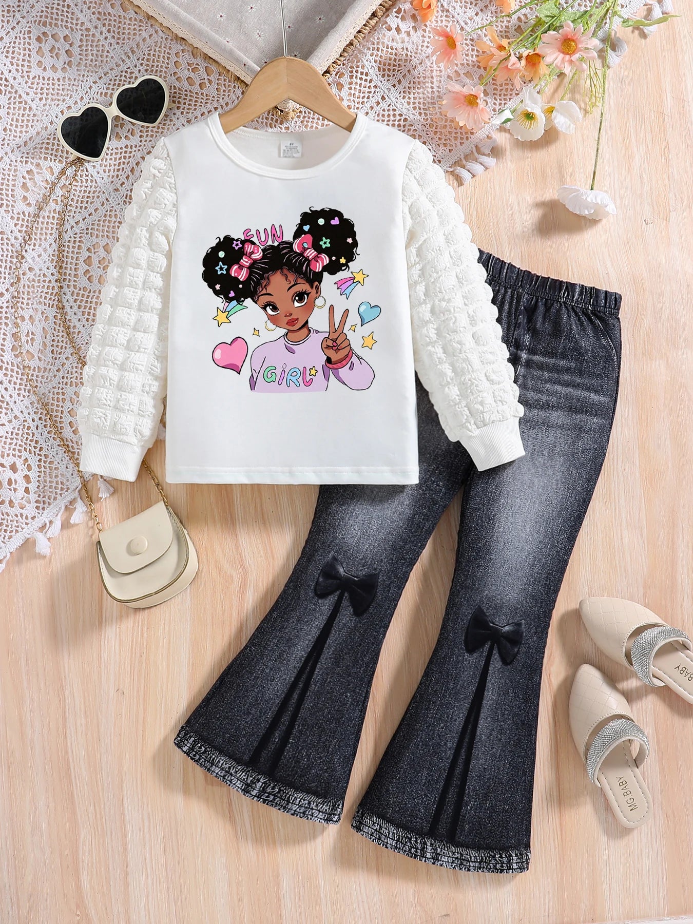 Girls' Two-Piece Spring/Autumn Outfit – White Round Neck Long Sleeve Top with Cartoon Print and Solid Color Slim-Fit Pants
