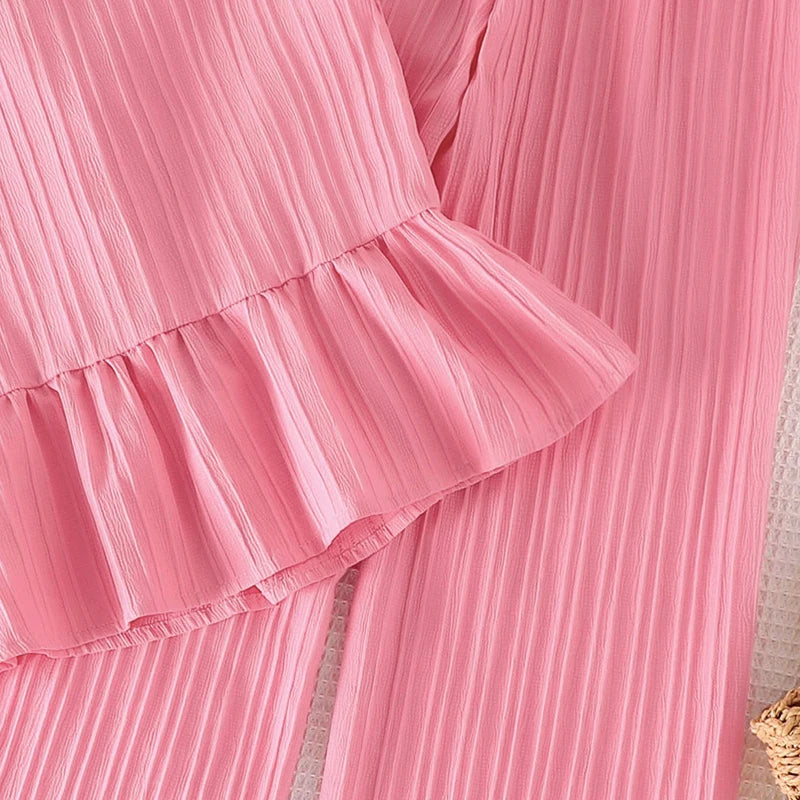 Summer Solid Color Pink Striped O-Neck Sleeveless Bowknot Top & Elastic Waist Pants For Girls 8-12 Years Korean Style Daliy Set
