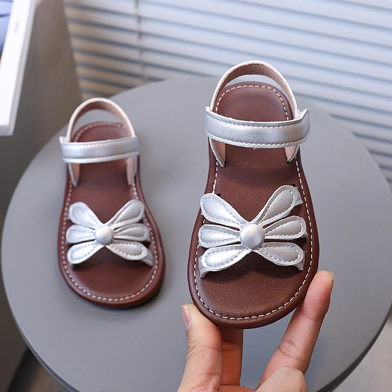 Toddler Girl's Sandals Hollow-out Solid Color Flower Pu Leather Kids Sliders Open Toe Light Sweet Hook-loop Summer Children Shoe