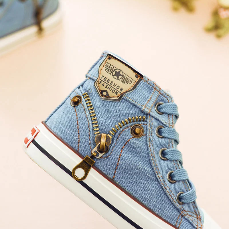 2022 Ins Fashion Children Sneakers Children Canvas Shoes Kids Size 25-37 Boys Sneakers Girls Shoes High Boots Lace-up Denim