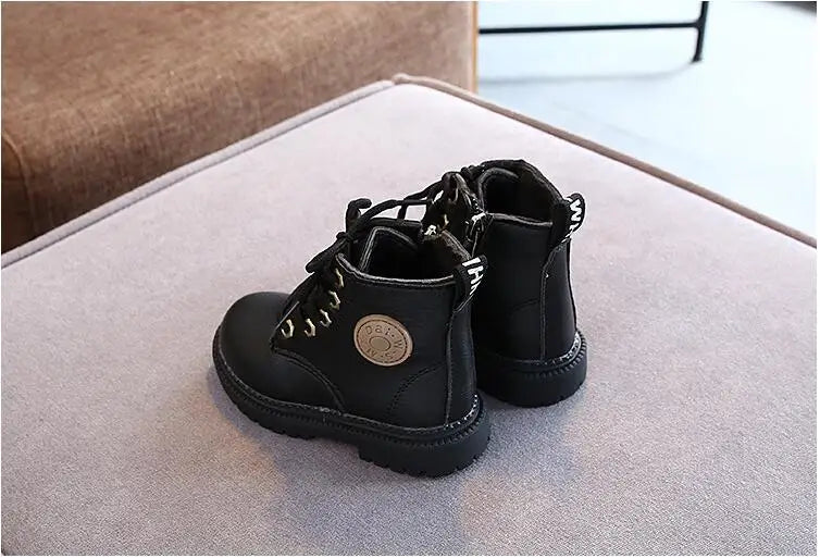 Autumn/Winter Kids' Leather Boots – Warm Plush, Waterproof, Non-Slip Fashion Boots for Boys and Girls (Sizes 21–30)