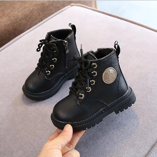 Autumn/Winter Kids' Leather Boots – Warm Plush, Waterproof, Non-Slip Fashion Boots for Boys and Girls (Sizes 21–30)