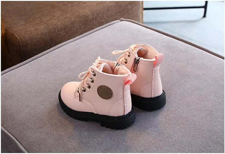 Autumn/Winter Kids' Leather Boots – Warm Plush, Waterproof, Non-Slip Fashion Boots for Boys and Girls (Sizes 21–30)