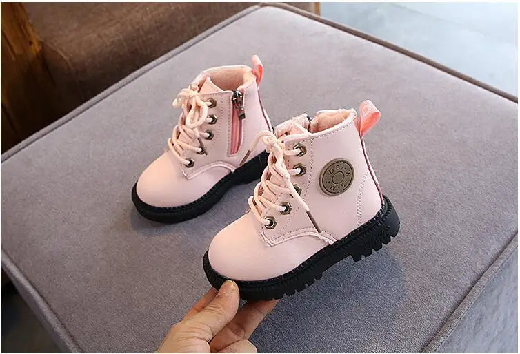 Autumn/Winter Kids' Leather Boots – Warm Plush, Waterproof, Non-Slip Fashion Boots for Boys and Girls (Sizes 21–30)
