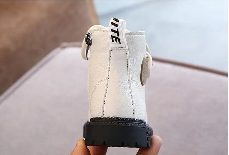 Autumn/Winter Kids' Leather Boots – Warm Plush, Waterproof, Non-Slip Fashion Boots for Boys and Girls (Sizes 21–30)