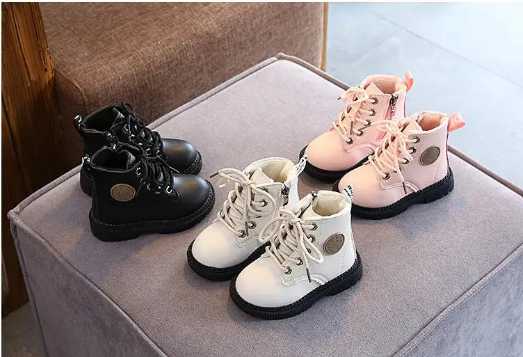 Autumn/Winter Kids' Leather Boots – Warm Plush, Waterproof, Non-Slip Fashion Boots for Boys and Girls (Sizes 21–30)