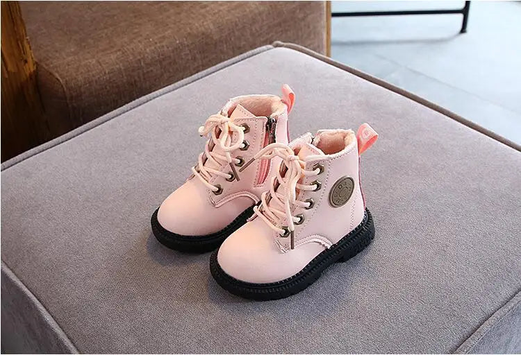Autumn/Winter Kids' Leather Boots – Warm Plush, Waterproof, Non-Slip Fashion Boots for Boys and Girls (Sizes 21–30)